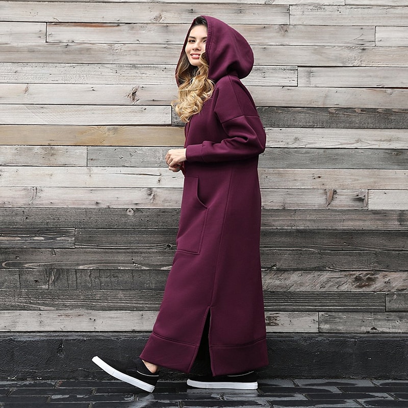 Winter Warm Midi Robe Hooded Long Sweatshirt Dress Casual Vestidos