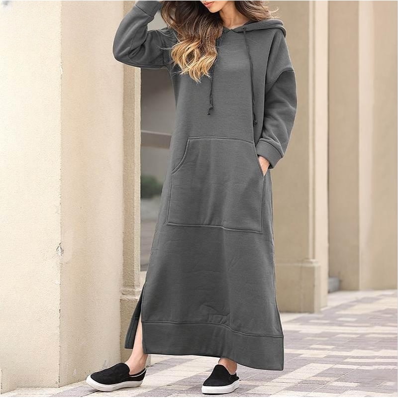 Winter Warm Midi Robe Hooded Long Sweatshirt Dress Casual Vestidos