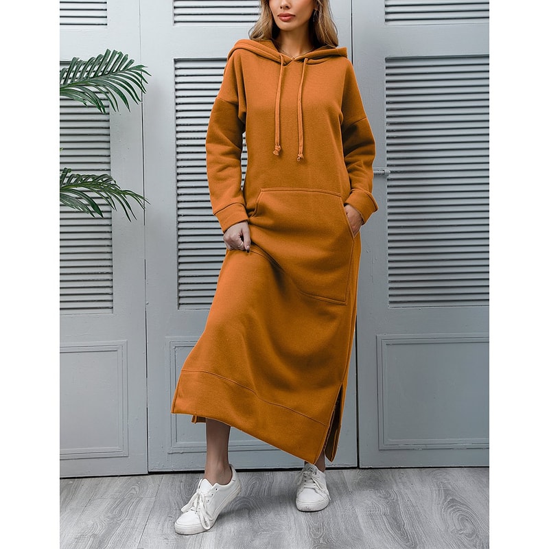 Winter Warm Midi Robe Hooded Long Sweatshirt Dress Casual Vestidos