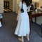 Summer Elegant Korean Chic White Midi Dress, Women French Hollow Out Sexy Kawaii, Vestidos Fiesta Fashion Short Sleeves