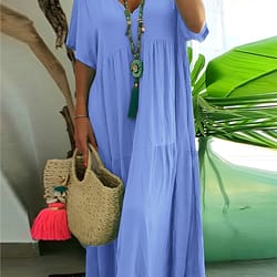 women's dress plus size casual loose v-neck solid long pleated spring summer dress
