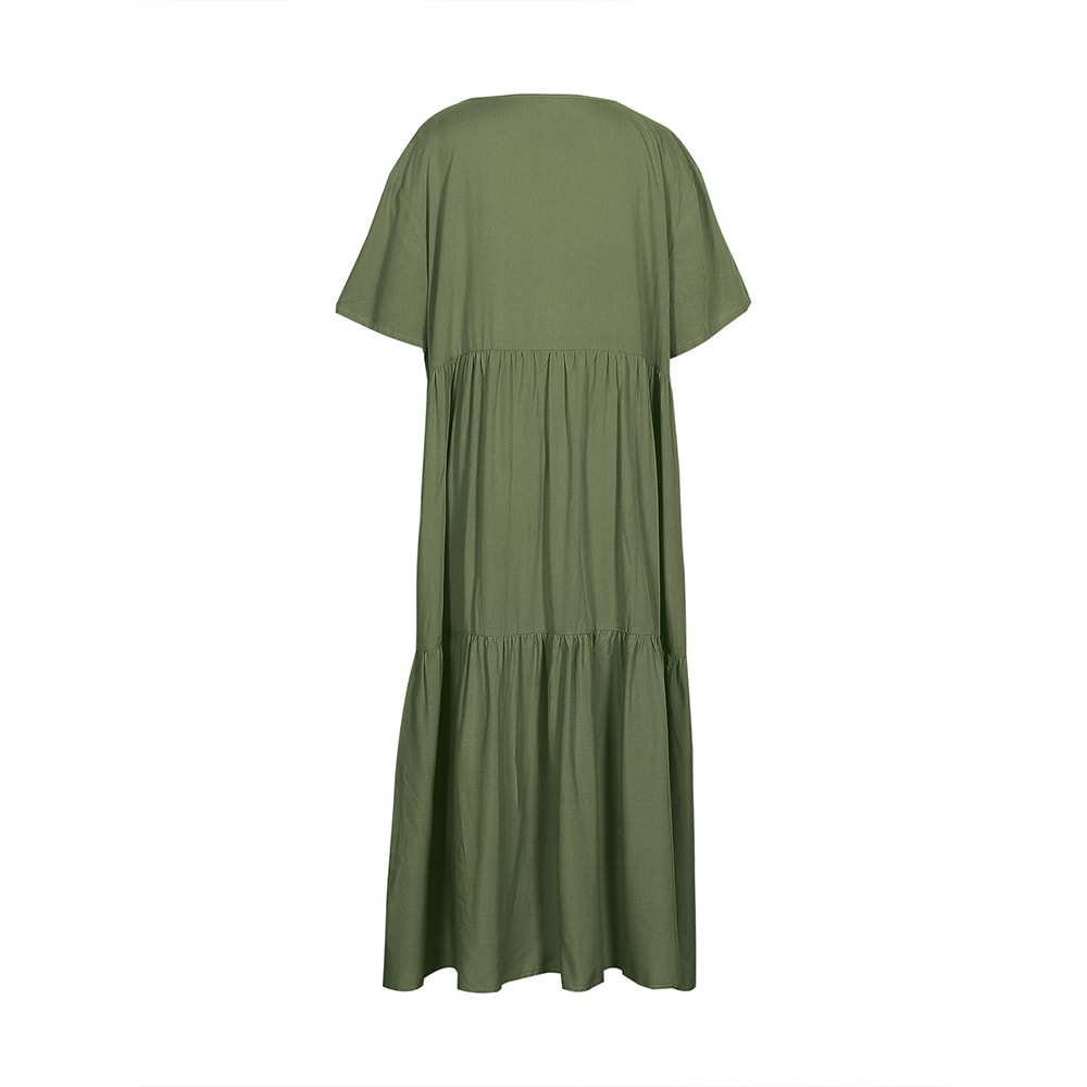 Womens Dress Plus Size Casual Loose VNeck Solid Long Pleated Spring Summer Dress 1