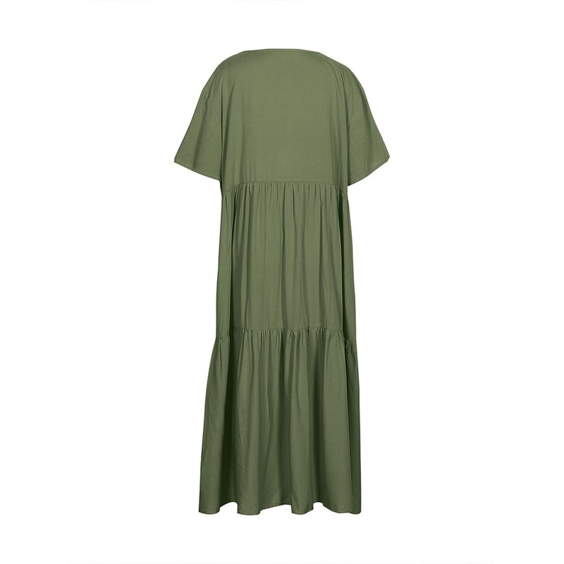 Womens Dress Plus Size Casual Loose VNeck Solid Long Pleated Spring Summer Dress 1