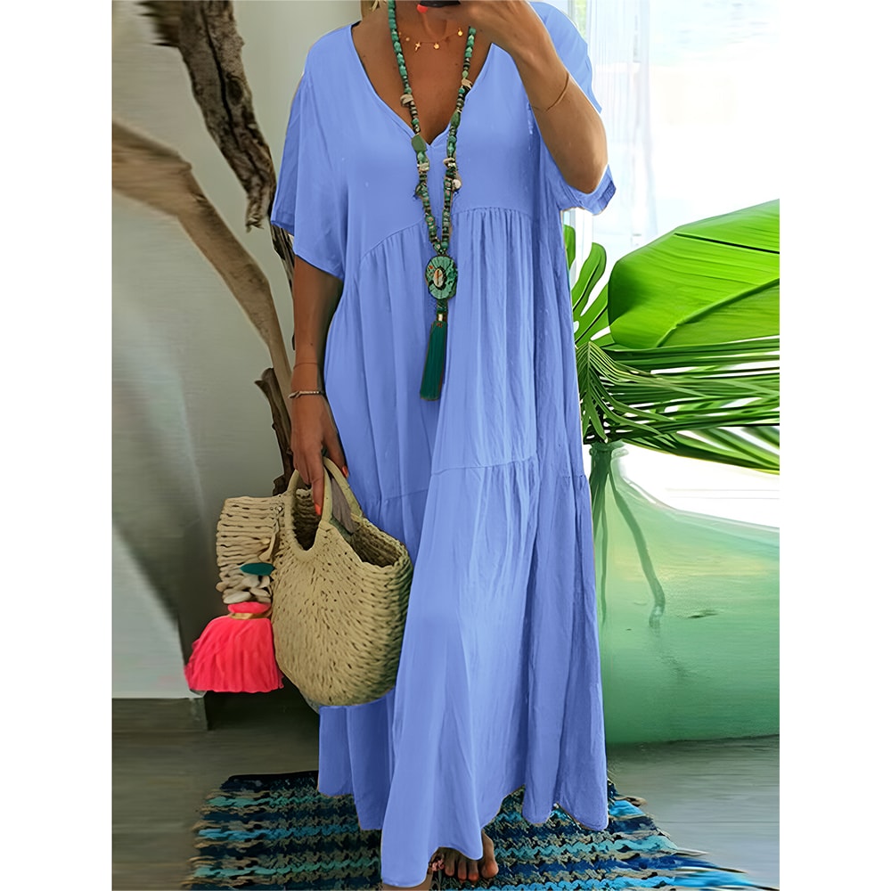 Womens Dress Plus Size Casual Loose VNeck Solid Long Pleated Spring Summer Dress 4