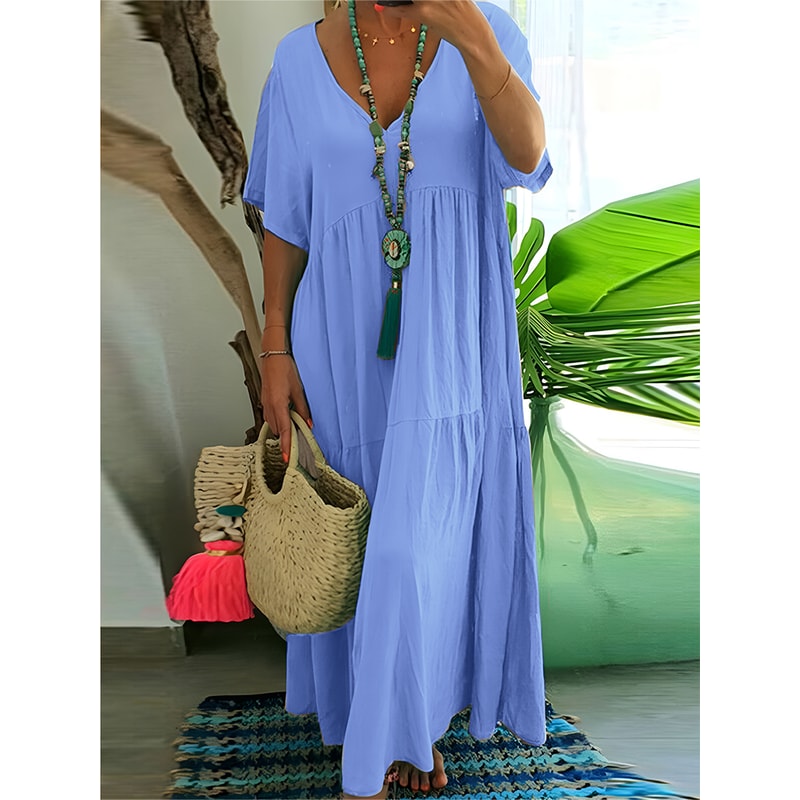 Womens Dress Plus Size Casual Loose VNeck Solid Long Pleated Spring Summer Dress 4