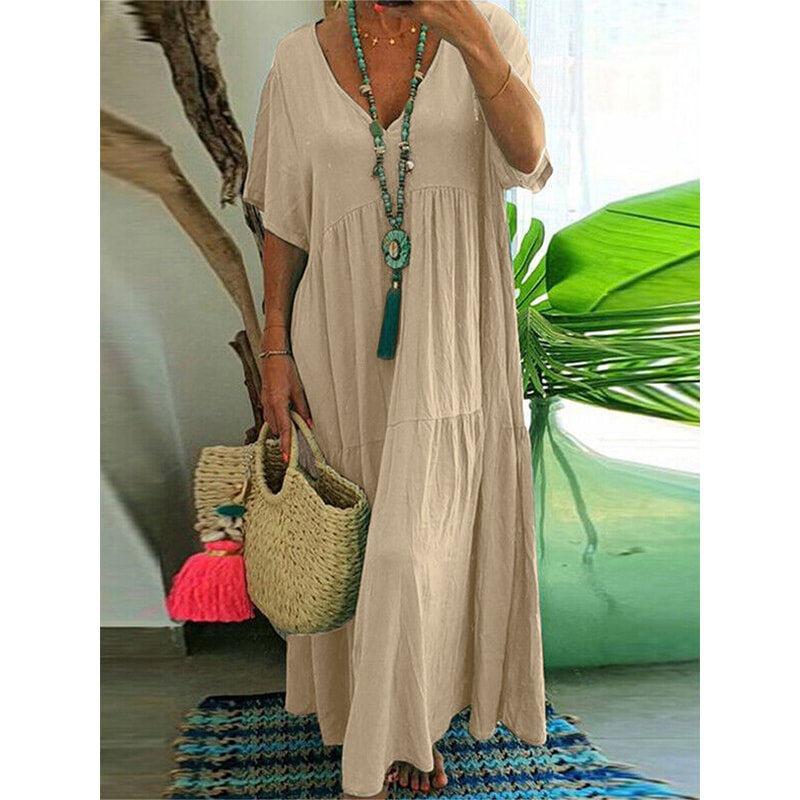 Womens Dress Plus Size Casual Loose VNeck Solid Long Pleated Spring Summer Dress 8