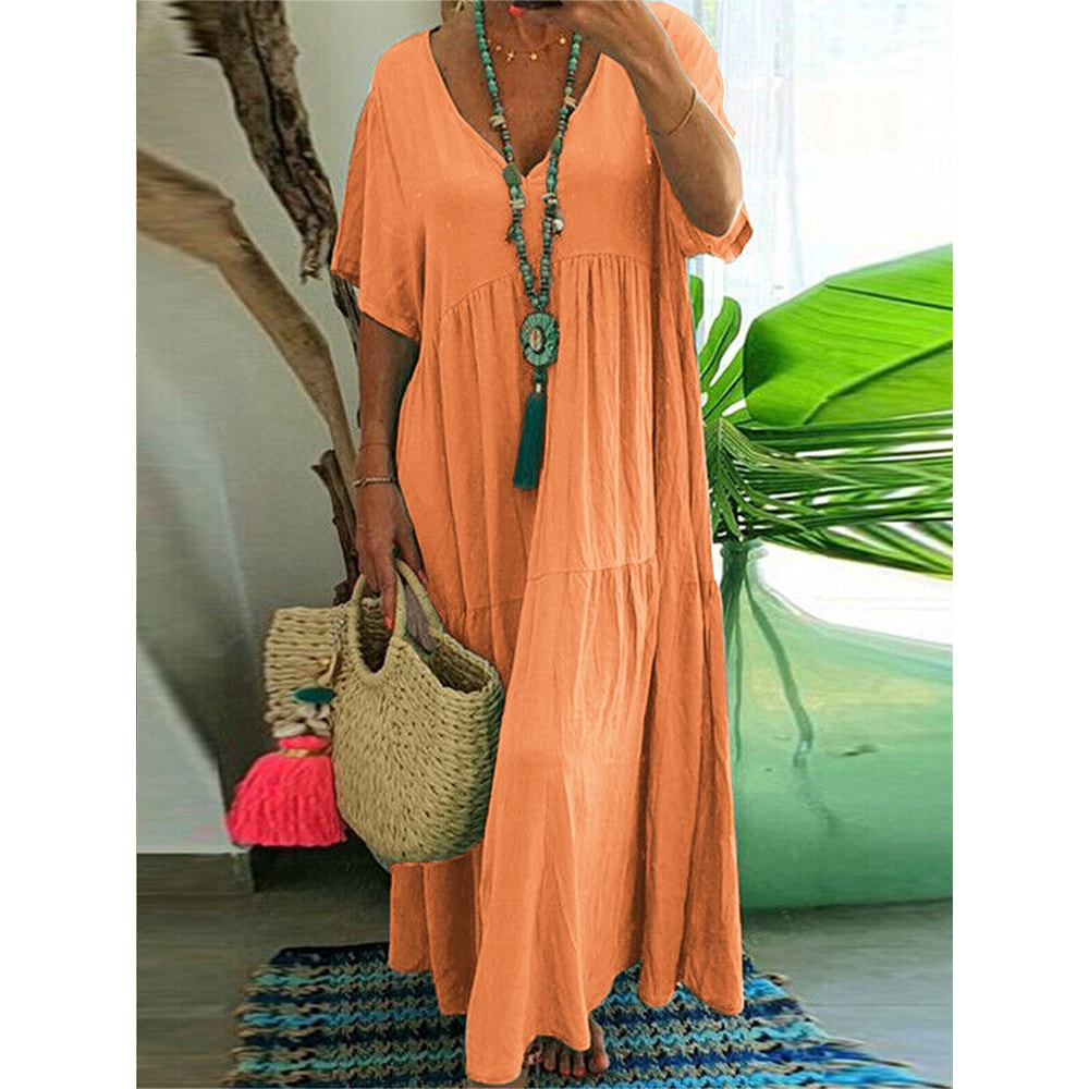 Womens Dress Plus Size Casual Loose VNeck Solid Long Pleated Spring Summer Dress 9