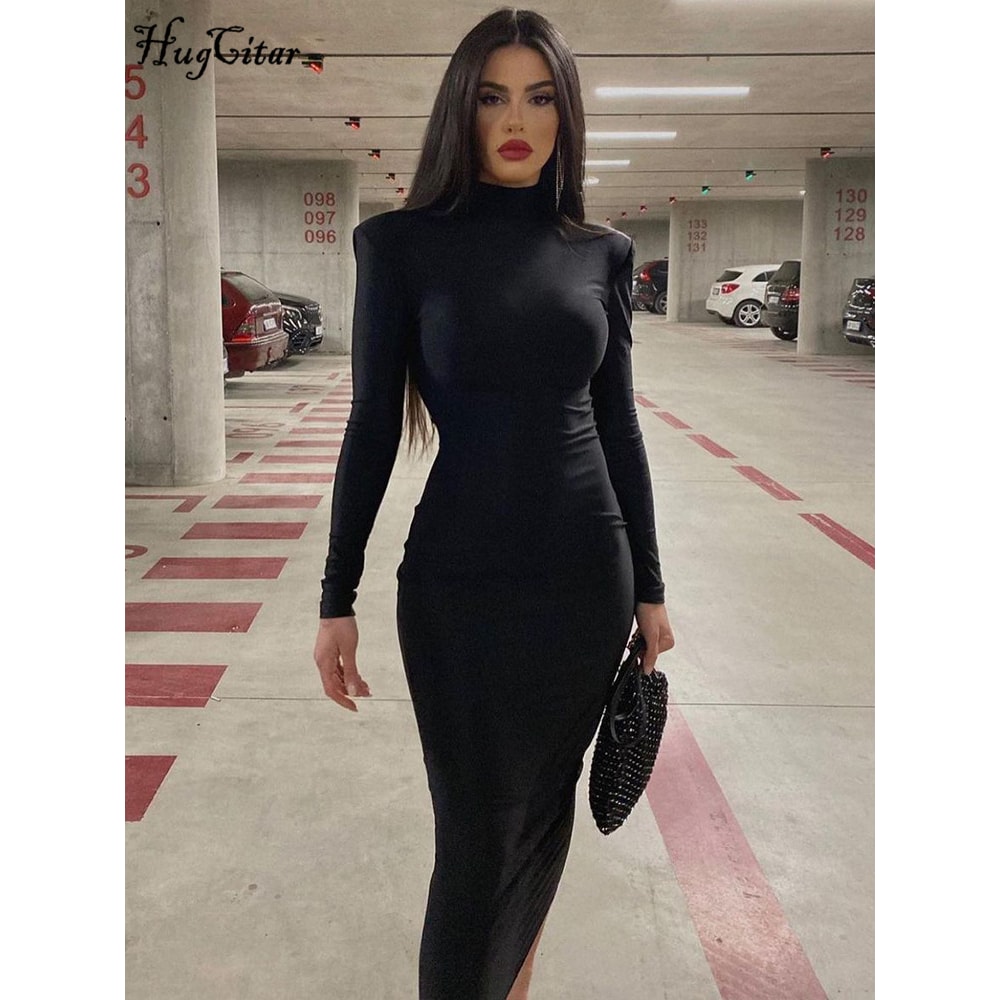 Fashion Turtleneck Long Sleeves Black Sexy Bodycon Maxi Prom Dress, Fall Casual Clothes, Streetwear Party Festival
