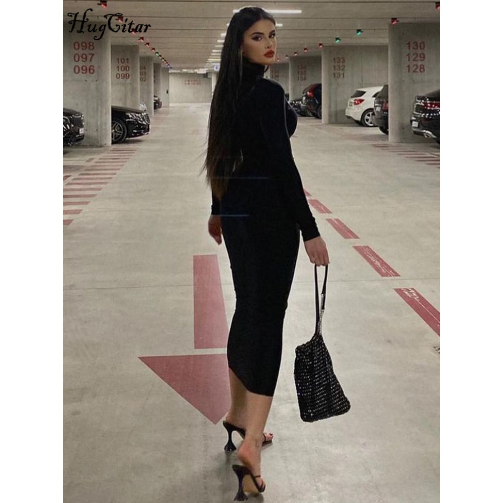 Fashion Turtleneck Long Sleeves Black Sexy Bodycon Maxi Prom Dress, Fall Casual Clothes, Streetwear Party Festival