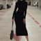 Fashion Turtleneck Long Sleeves Black Sexy Bodycon Maxi Prom Dress, Fall Casual Clothes, Streetwear Party Festival
