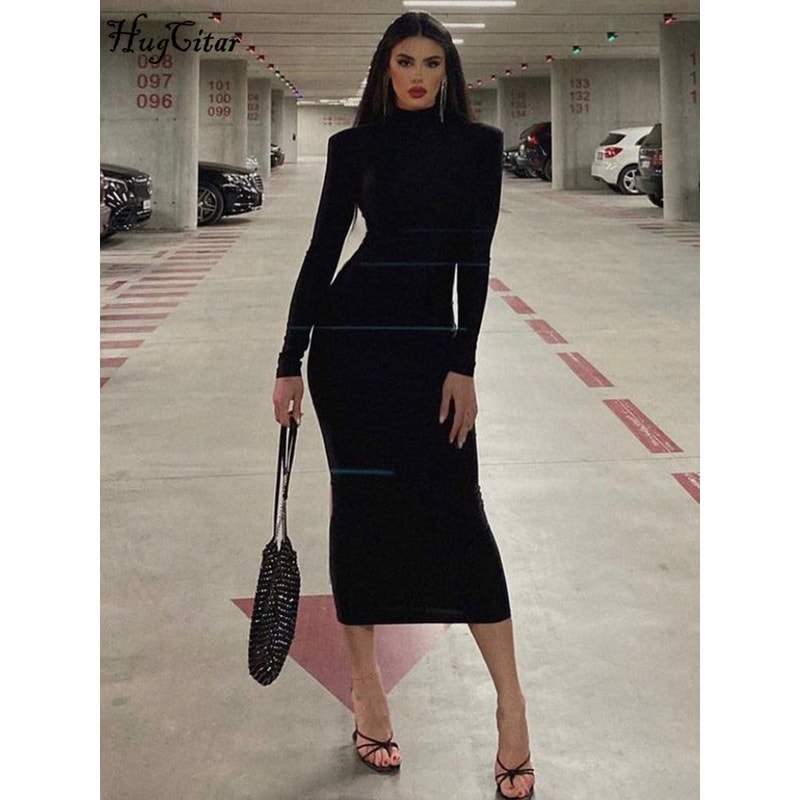 Fashion Turtleneck Long Sleeves Black Sexy Bodycon Maxi Prom Dress, Fall Casual Clothes, Streetwear Party Festival