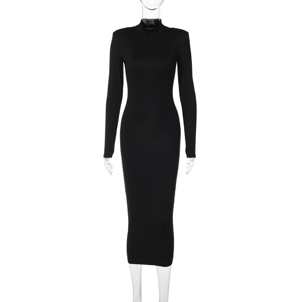 Fashion Turtleneck Long Sleeves Black Sexy Bodycon Maxi Prom Dress, Fall Casual Clothes, Streetwear Party Festival