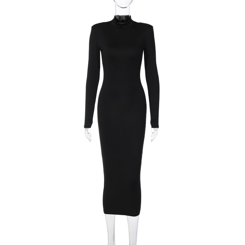 Fashion Turtleneck Long Sleeves Black Sexy Bodycon Maxi Prom Dress, Fall Casual Clothes, Streetwear Party Festival