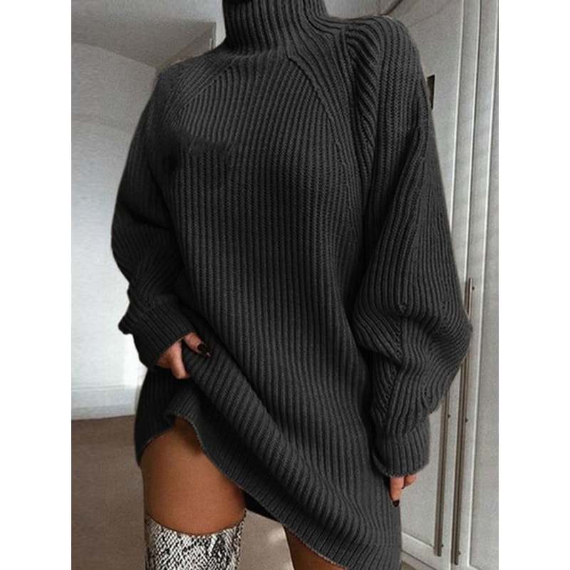Autumn Solid Long Sleeve Women Turtleneck Sweater Dress, Casual Elegant Mini, Winter Clothes