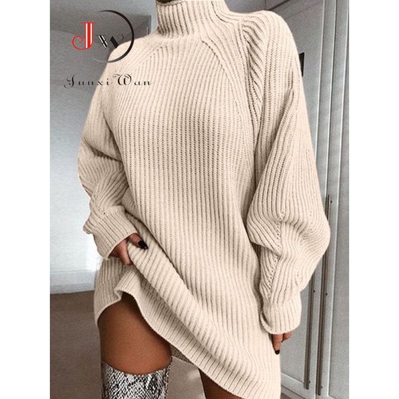 Autumn Solid Long Sleeve Women Turtleneck Sweater Dress, Casual Elegant Mini, Winter Clothes