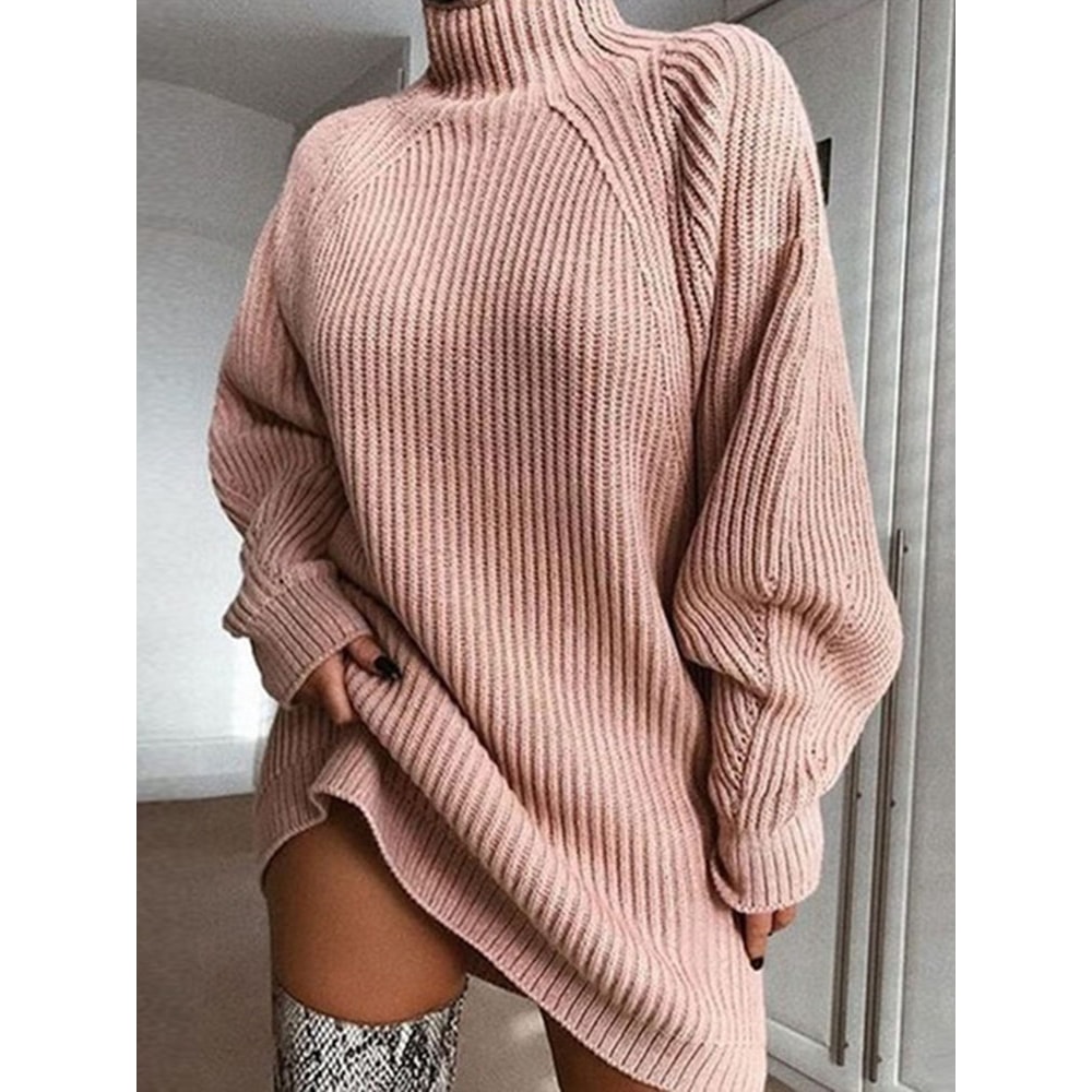 Autumn Solid Long Sleeve Women Turtleneck Sweater Dress, Casual Elegant Mini, Winter Clothes