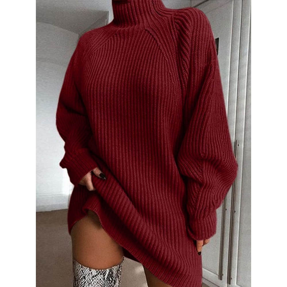Autumn Solid Long Sleeve Women Turtleneck Sweater Dress, Casual Elegant Mini, Winter Clothes