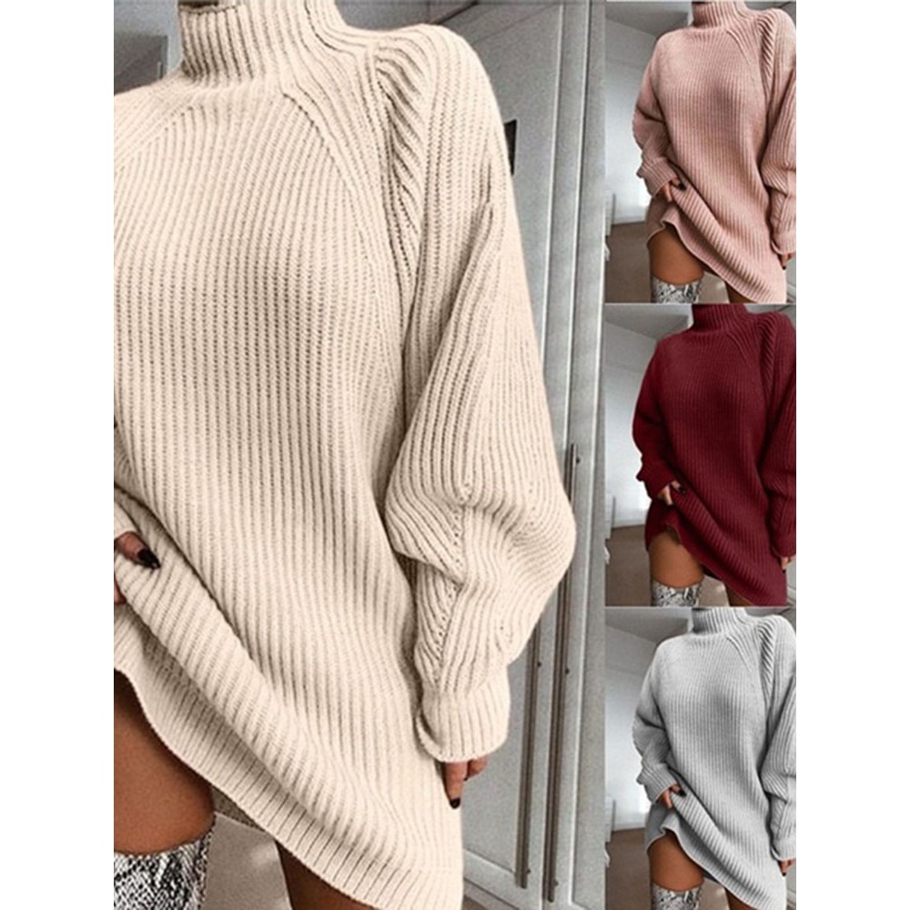 Autumn Solid Long Sleeve Women Turtleneck Sweater Dress, Casual Elegant Mini, Winter Clothes