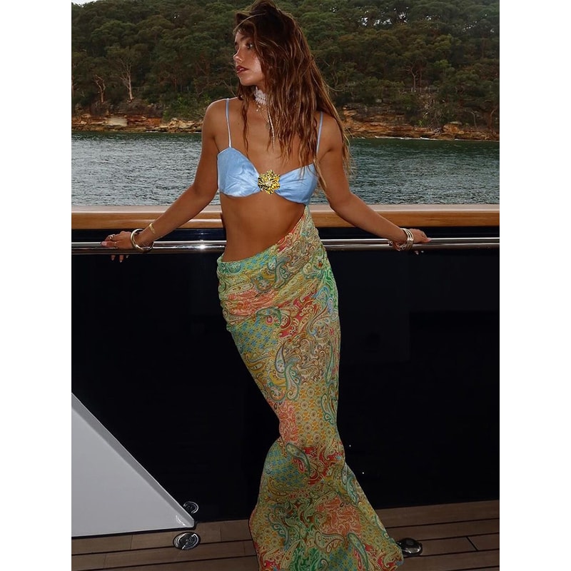 Maxi Dress Kliou Aesthetic Asymmetrical, Sexy Waistless Splice Robe, Vintage Long Festival Frock