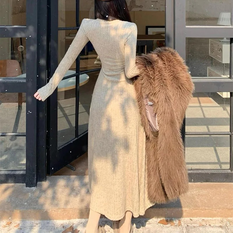 Elegant Slim High Waist Knit Dresses for Women, Autumn Winter Long Sleeve Thick Warm Dress, Vintage Streetwear