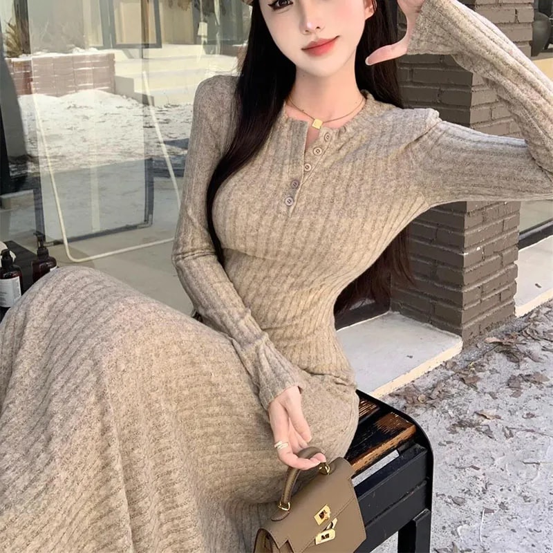 Elegant Slim High Waist Knit Dresses for Women, Autumn Winter Long Sleeve Thick Warm Dress, Vintage Streetwear