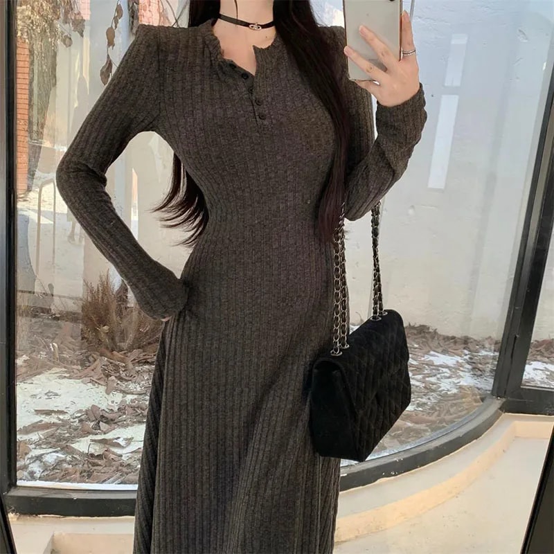 Elegant Slim High Waist Knit Dresses for Women, Autumn Winter Long Sleeve Thick Warm Dress, Vintage Streetwear