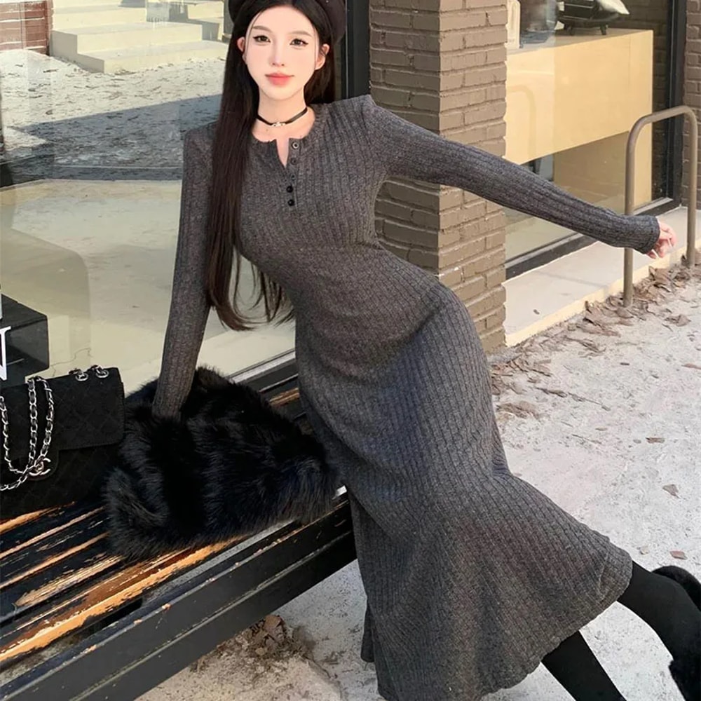 Elegant Slim High Waist Knit Dresses for Women, Autumn Winter Long Sleeve Thick Warm Dress, Vintage Streetwear