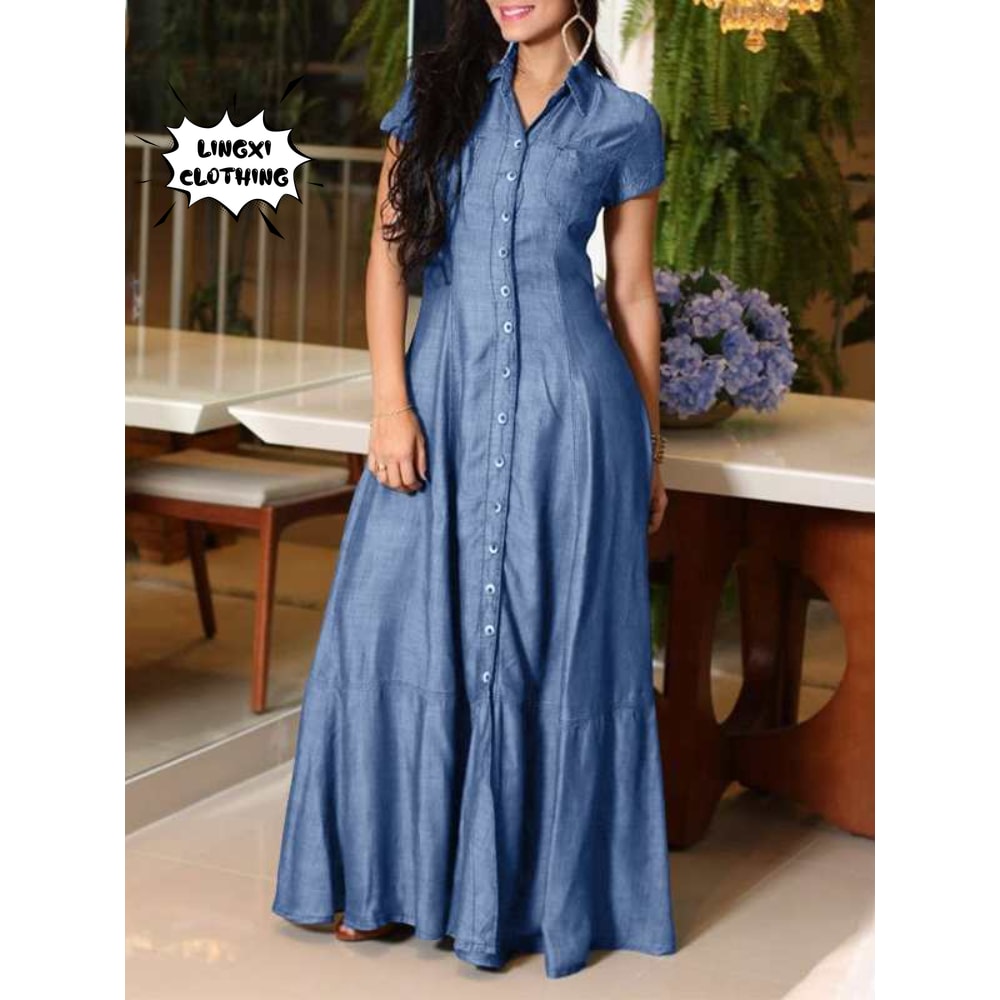 Casual Elegant Denim Dress With Long Sleeve Shirt Neck Pocket Large Swing And Single Breasted Desig 0