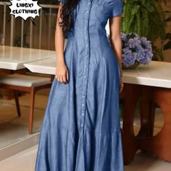 casual elegant denim dress with long sleeve shirt neck pocket large swing and single breasted design