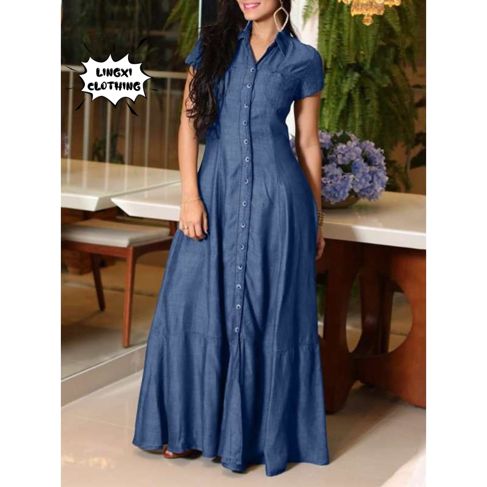 Casual Elegant Denim Dress With Long Sleeve Shirt Neck Pocket Large Swing And Single Breasted Desig 1