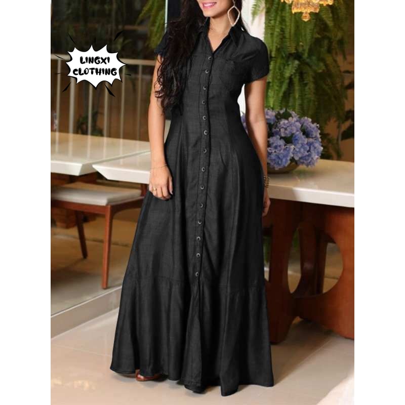 Casual Elegant Denim Dress With Long Sleeve Shirt Neck Pocket Large Swing And Single Breasted Desig 2