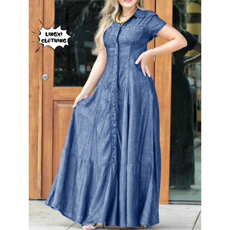 Casual Elegant Denim Dress With Long Sleeve Shirt Neck Pocket Large Swing And Single Breasted Desig 3