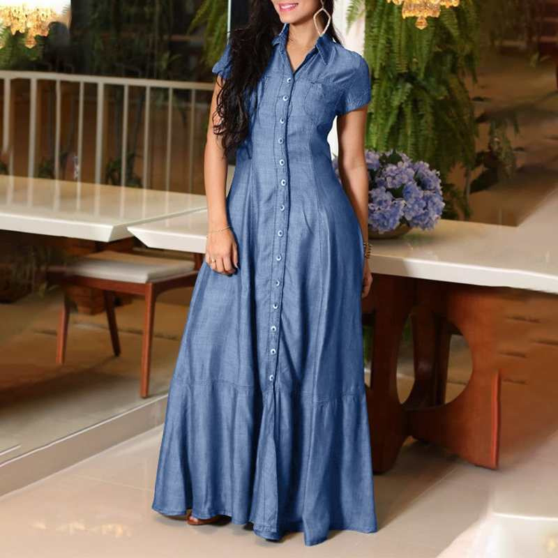 Casual Elegant Denim Dress With Long Sleeve Shirt Neck Pocket Large Swing And Single Breasted Desig 5