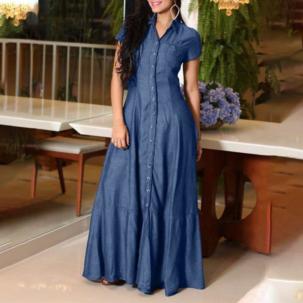 Casual Elegant Denim Dress With Long Sleeve Shirt Neck Pocket Large Swing And Single Breasted Desig 7