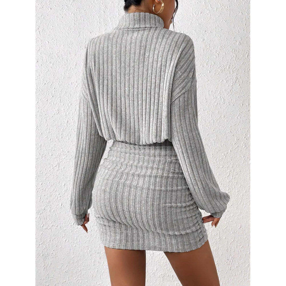 Womens Autumn Winter Fashion, High Neck Knitted Sweater Dress, Casual Solid Loose Long Sleeve, Warm Mid Length Dresses
