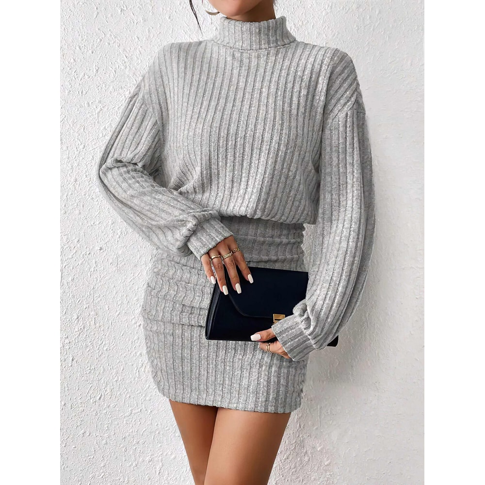Womens Autumn Winter Fashion, High Neck Knitted Sweater Dress, Casual Solid Loose Long Sleeve, Warm Mid Length Dresses