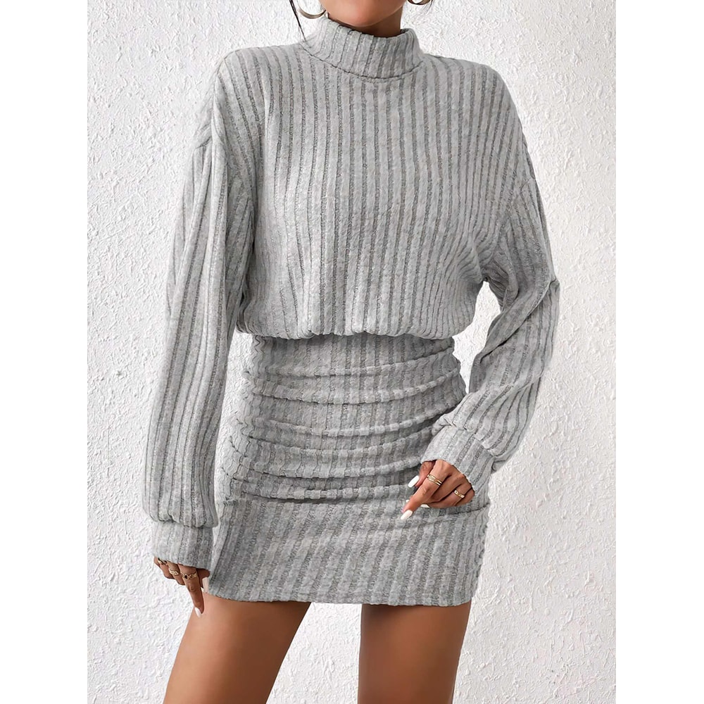 Womens Autumn Winter Fashion, High Neck Knitted Sweater Dress, Casual Solid Loose Long Sleeve, Warm Mid Length Dresses