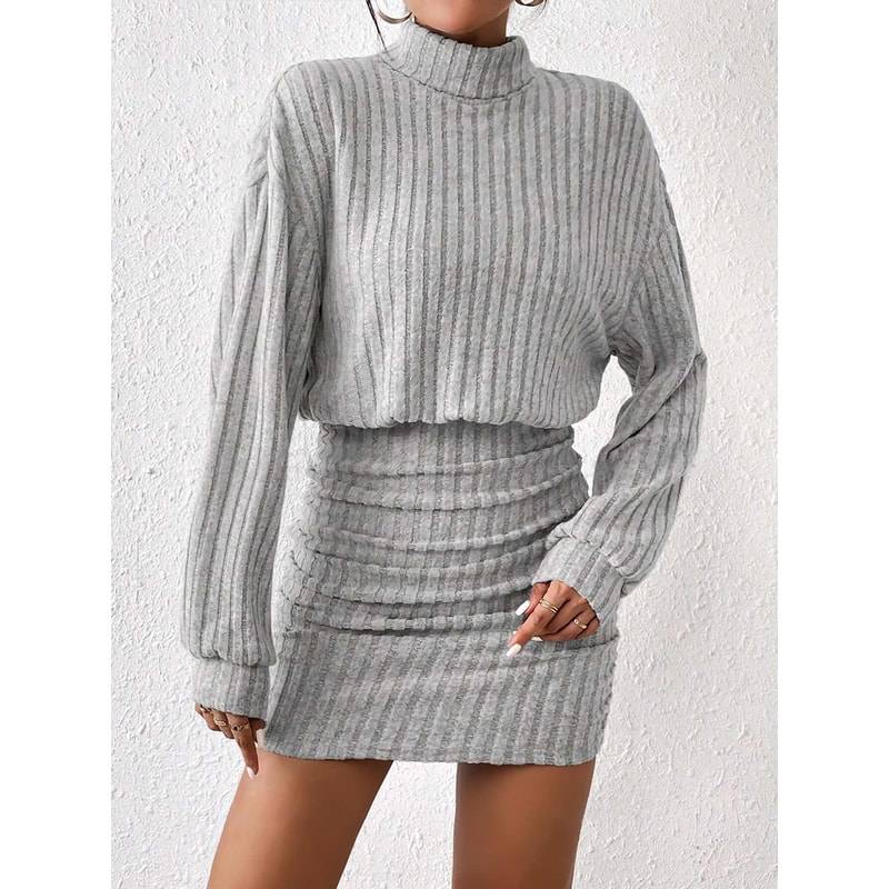 Womens Autumn Winter Fashion, High Neck Knitted Sweater Dress, Casual Solid Loose Long Sleeve, Warm Mid Length Dresses