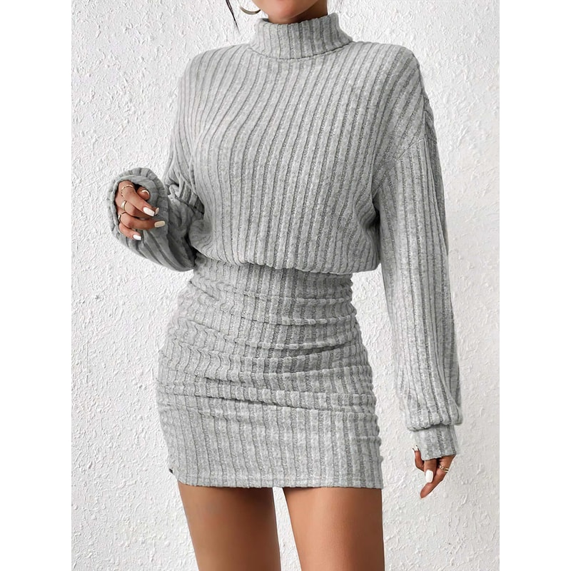 Womens Autumn Winter Fashion, High Neck Knitted Sweater Dress, Casual Solid Loose Long Sleeve, Warm Mid Length Dresses