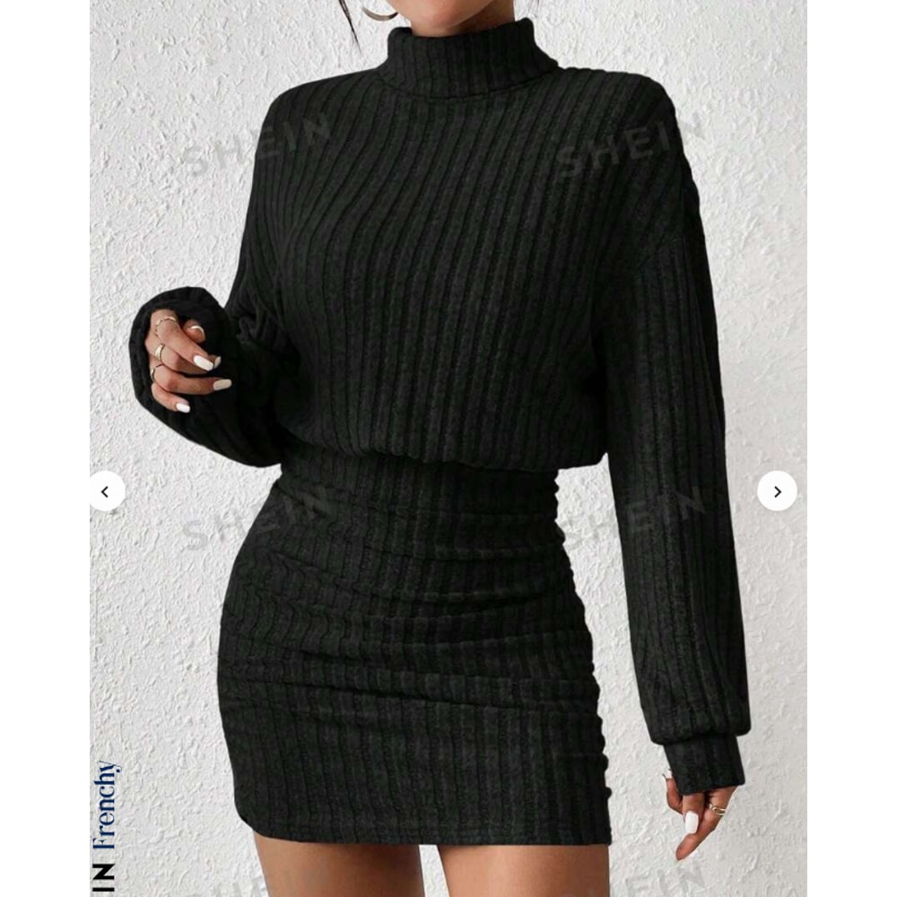 Womens Autumn Winter Fashion, High Neck Knitted Sweater Dress, Casual Solid Loose Long Sleeve, Warm Mid Length Dresses