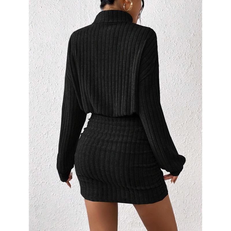 Womens Autumn Winter Fashion, High Neck Knitted Sweater Dress, Casual Solid Loose Long Sleeve, Warm Mid Length Dresses