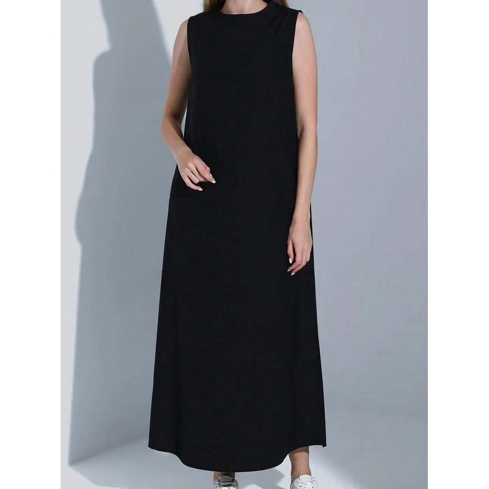Women Dress Casual Vest Loose Draped Straight Skirt Round Neck 4