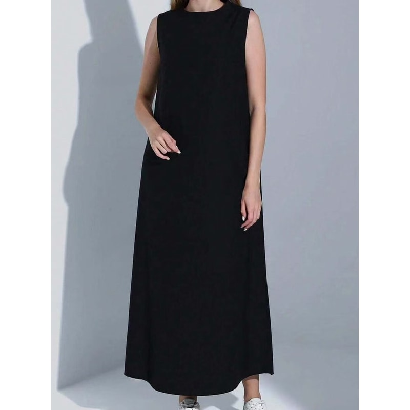 Women Dress Casual Vest Loose Draped Straight Skirt Round Neck 4