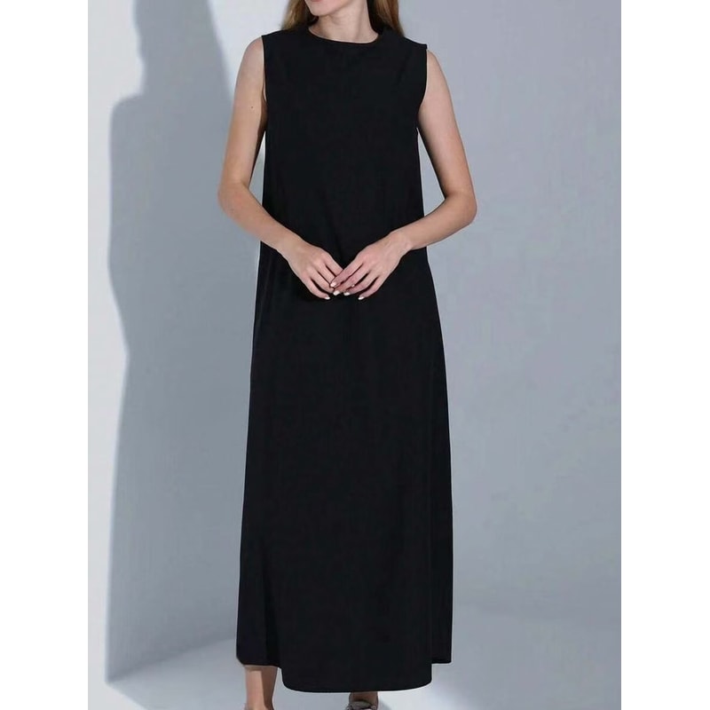 Women Dress Casual Vest Loose Draped Straight Skirt Round Neck 1
