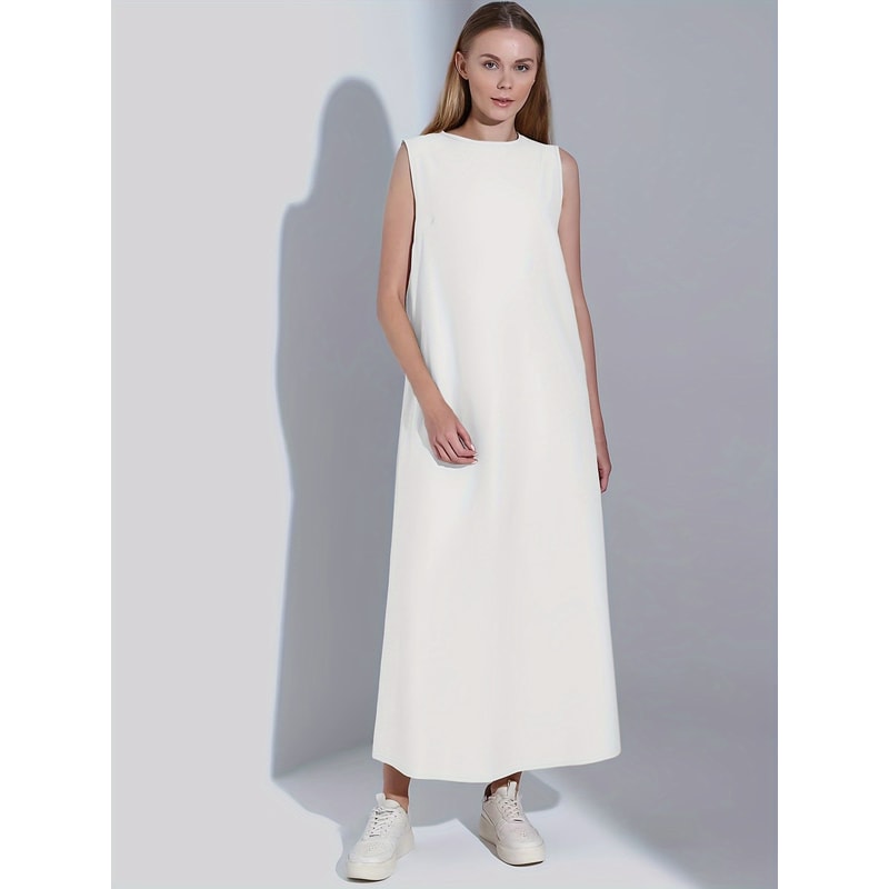 Women Dress Casual Vest Loose Draped Straight Skirt Round Neck 7