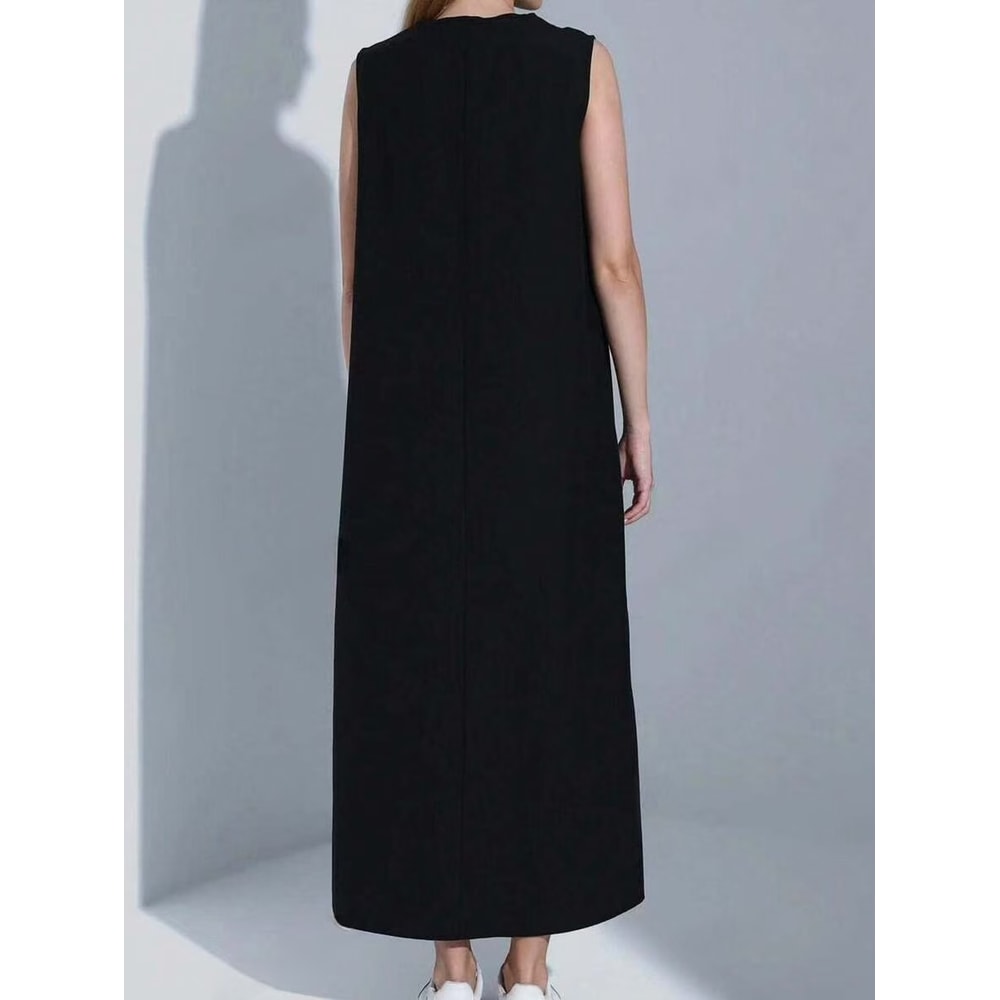 Women Dress Casual Vest Loose Draped Straight Skirt Round Neck 2