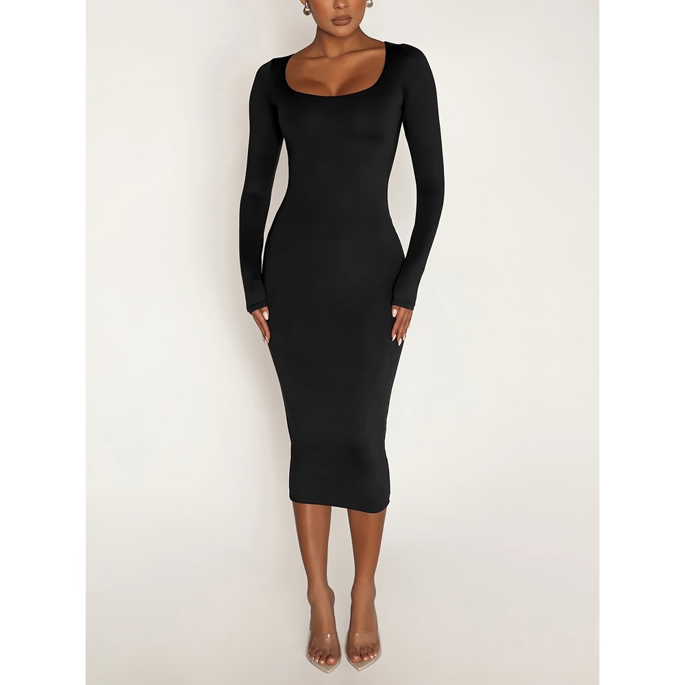 Stretch Winter Dresses Womens Long Sleeve UNeck Bodycon Midi Jumper Dress 3