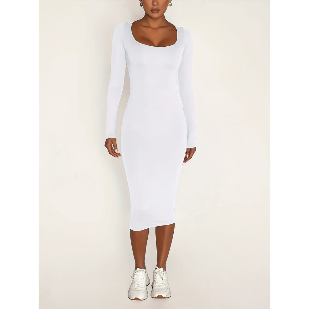 Stretch Winter Dresses Womens Long Sleeve UNeck Bodycon Midi Jumper Dress 2