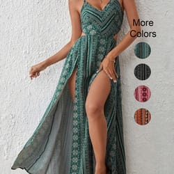 floral print beach holiday party maxi dress, deep v-neck backless sling dress with thigh high slit, summer