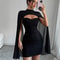 Women's Round Neck European and American Pit Stripe Pearl Chiffon Cape Hip Hugging Dress